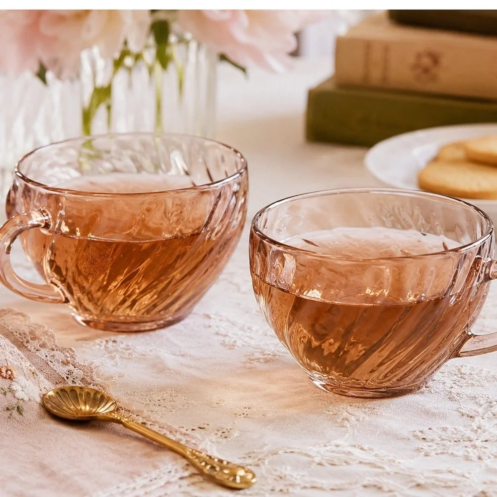 Vintage Arcoroc France Pink Swirl Glass‎ Teacups Set of 2 Heat Resistant